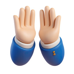 Obraz premium Cartoon hands with open palms. Two hands in a 3D style, light peach skin, wearing blue suits