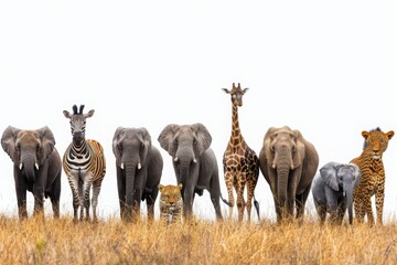 Large group of African fauna, safari wildlife animals together, in a row, isolated