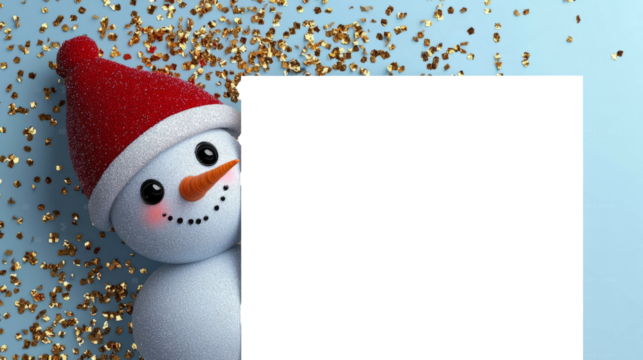  snowman peeks out from  empty white wall