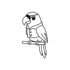 Pirate Parrot Wearing Eye Patch and Shirt Perched on Stick in Outline Style