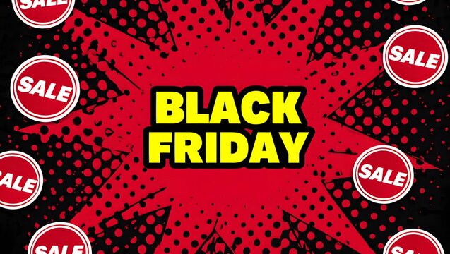 Explosive black friday sale with numerous red sale circles and starburst background