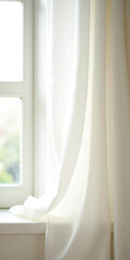 Fototapeta premium Neutral curtains gently blowing through an open window in a peaceful, light-filled interior with soft natural tones and elegant daylight - ideal for real estate and lifestyle home branding visuals