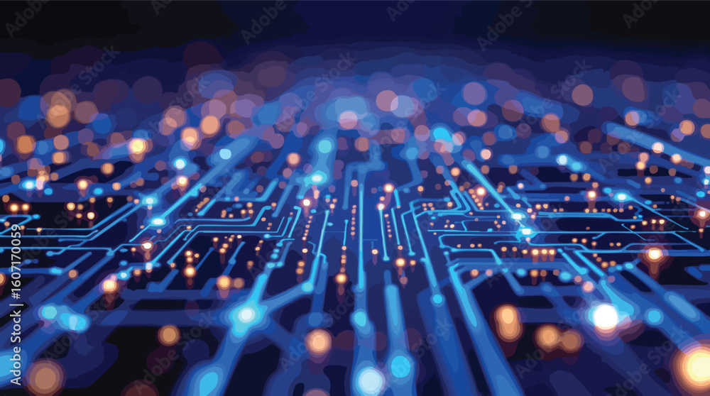 Poster futuristic abstract circuit board design with glowing lights and digital technology concept.
