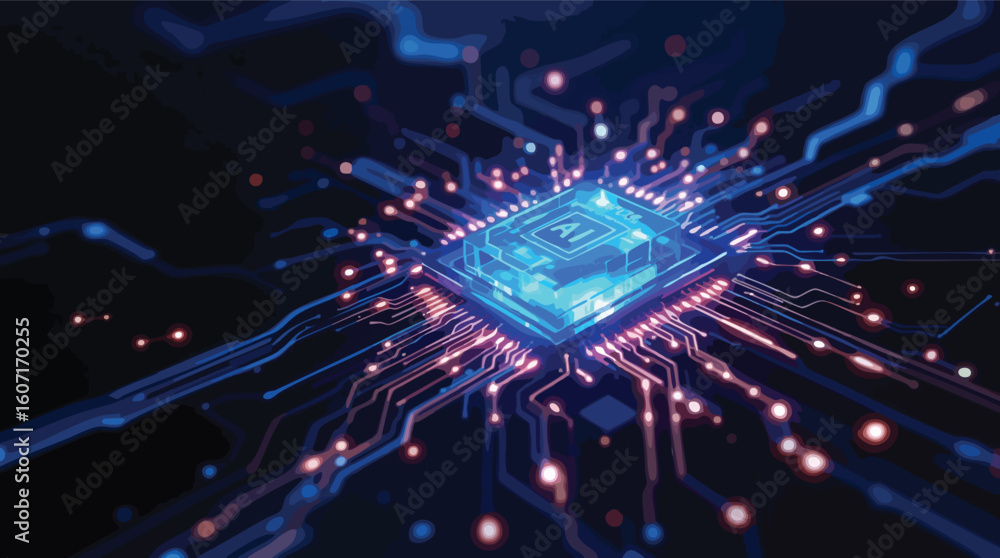 Poster futuristic ai chip design illuminated with glowing circuits for artificial intelligence technology.