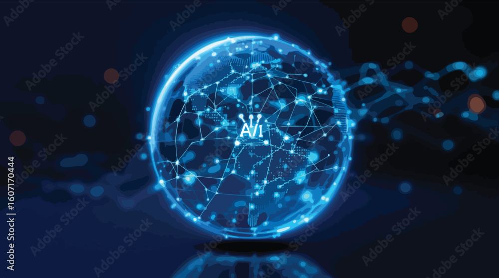 Poster Futuristic artificial intelligence ai network globe representing connected technologies and data.