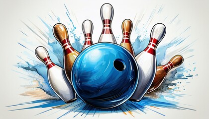 bowling strike concept blue bowling ball hits bowling pins white background