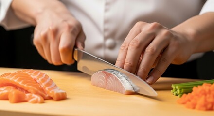 Obraz premium Chef Slicing Fish with Knife on Wooden Board.