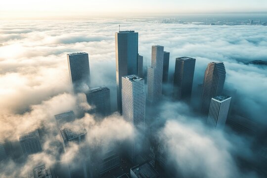 City skyline piercing a sea of fog. Aerial view of modern skyscrapers emerging from a thick blanket of clouds at sunrise