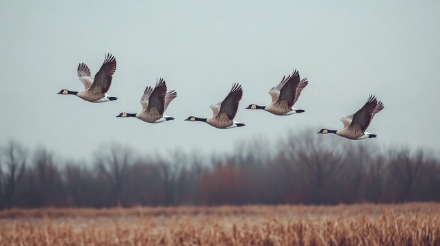 Five Canada Geese Flying in Formation