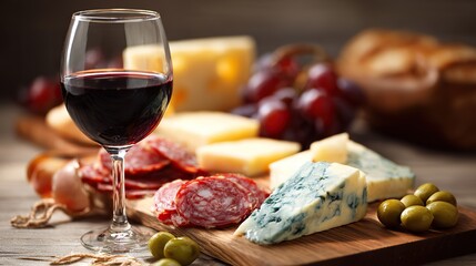 Exquisite wine and cheese platters with a variety of red wines, blue gorgonzola cheese, and salami slices on wooden plates create a luxurious, high-resolution dining experience.