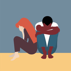 Couple in conflict mental health concept illustration. A depressed black man sits near woman, embracing his knees, moment of despair. Self-flagellation, paranoia anxiety fears mental health concept.