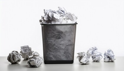 trash bin with paper on white background