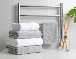 Minimalist bathroom scene- pale grey heated towel rail, matte white electric towel