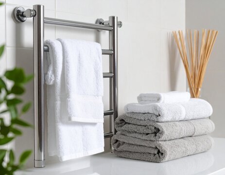 Minimalist bathroom scene- pale grey heated towel rail, matte white electric towel