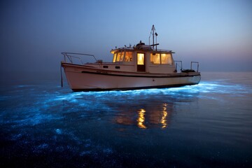 Obraz premium Twilight boating: bioluminescent lights echoing natural beauty. Solar boat lights. Integrating modern communication with traditional maritime safety. Harbor safety. Sea communication.