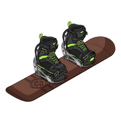 Snowboard with boots, symbol of winter sports and adventure.