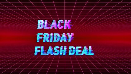Retro glitchy black friday flash deal text overlay on red grid background