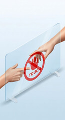 Hands placing a sign saying “Do not touch”, indicating safety or restricted access.