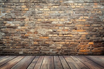 Old brick wall with wooden floor.  