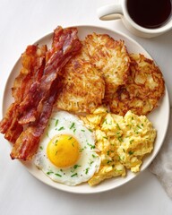Crispy Bacon, Scrambled Eggs, Hash Browns Top View