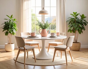 Minimalist midcentury dining space with round white oak table, pastel coral kettle