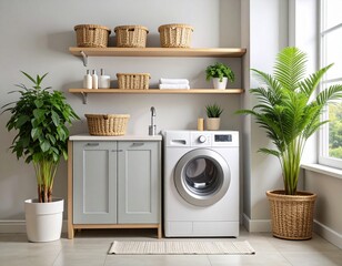 Modern Scandinavian laundry corner, pastel grey front‑load washer, wooden shelving