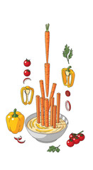 Creative kitchen setup with sliced vegetables and cooking tools.