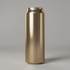 realistic 3D render of a tall slim stainless-steel can with a satin gold finish, isolated on a neutral grey