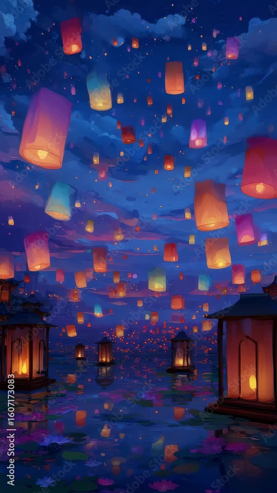 Poster captivating animated scene showcasing a whimsical collection of colorful floating lanterns set again