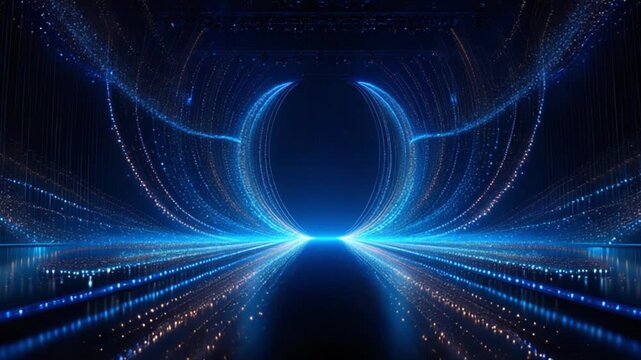 Stunning Blue Light Trails Abstract Background Futuristic Technology Digital Particles Energy Flowing Glowing Neon Lines Elegant Stage Design Award Ceremony Presentation