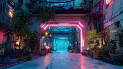Naklejka premium Futuristic Neon Lit Alley in Sci-Fi City During Nighttime