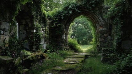 Ancient Overgrown Ruin with Archway in Lush Green Landscape
