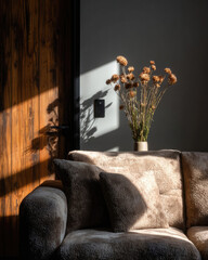 Elegant Floral Arrangement in a Cozy Living Room Bathed in Warm Natural Light and Shadows