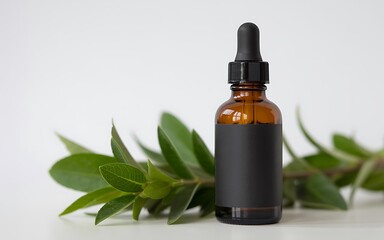 Photo of an amber serum bottle with a black label and dropper sits beside green leaves