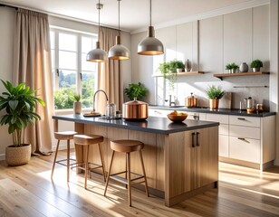 Spacious open‑plan kitchen island vignette showcasing a brushed stainless toaster