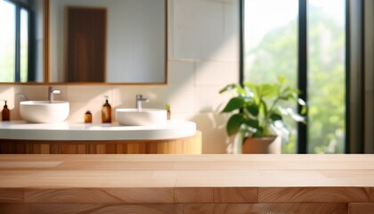 wooden podium on table on blur bathroom background for bathing and spa product display