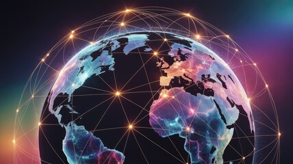 Glowing network of global connections and digital communication illustrated on a futuristic earth view