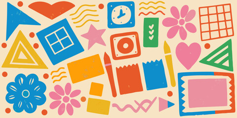 Collection of funky crayon-drawn doodles, geometric shapes, naive lines, and primitive figures. Hand-drawn vector stickers.