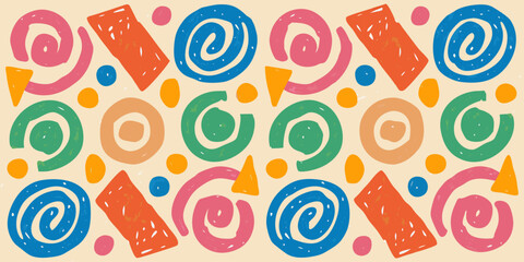 Collection of funky crayon-drawn doodles, geometric shapes, naive lines, and primitive figures. Hand-drawn vector stickers.