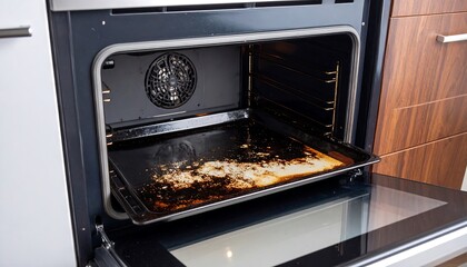 Empty oven with dirty baking tray