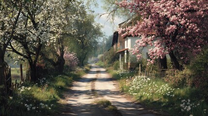 Serene Countryside Pathway with Blooming Flowers and Trees