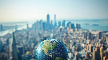 A miniature globe of the Earth stands prominently in the foreground, with a cityscape of skyscrapers and buildings forming the backdrop.