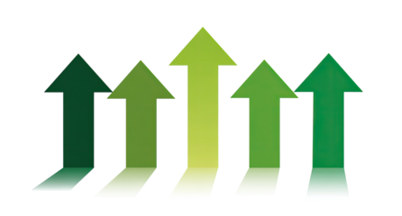 Four upward-pointing arrows of varying shades of green, creating a gradient effect, appear to be on a white background