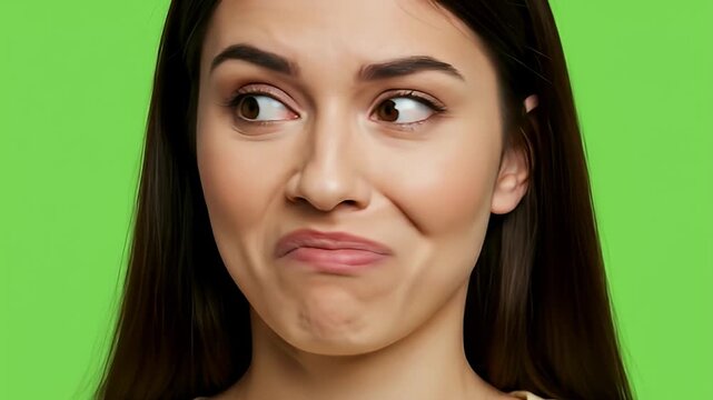 Skeptical Woman Expressing Disbelief on Green Background (AI Generated)