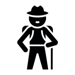 Black Silhouette Icon of Hiker with Backpack, Hat, and Hiking Stick Illustration
