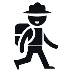 Black Silhouette of a Hiker with Backpack and Hat Walking Illustration