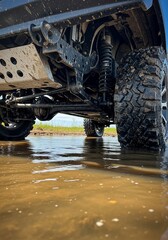 OffRoad Vehicle in Water Undercarriage Mud Tires Adventure.