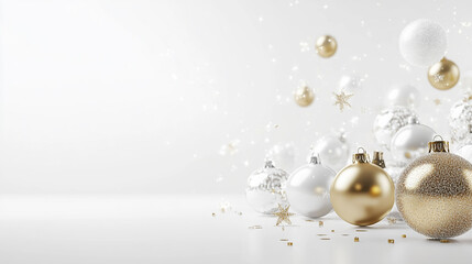 3D of a festive  featuring elegant white and gold Christmas ornaments and baubles scattered on soft snow, with a beautifully detailed empty glass snow globe in the center, isolated on white background