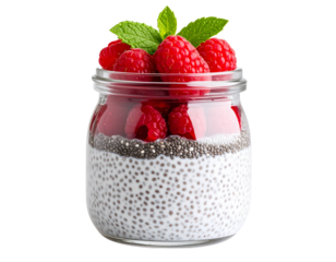 Healthy chia seed pudding topped with raspberries in glass jar – PNG on white background