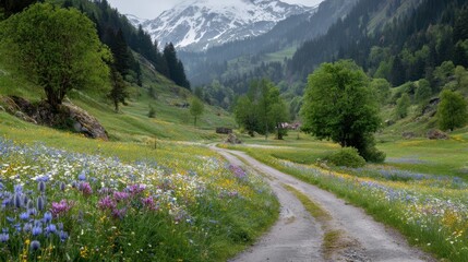 Scenic Pathway with Wildflowers in the Alps During Springtime